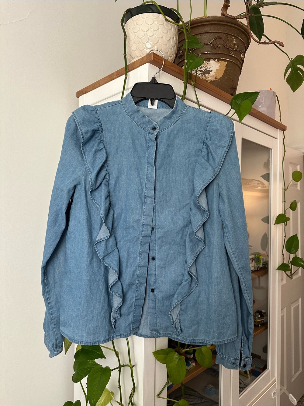 H&M Light Blue Denim Ruffle Front Blouse